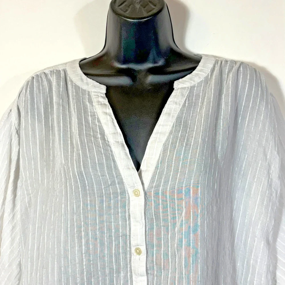 LOFT White Stripe Blouse Semi-Sheer Button Top V-Neck Long Puff Sleeve Small